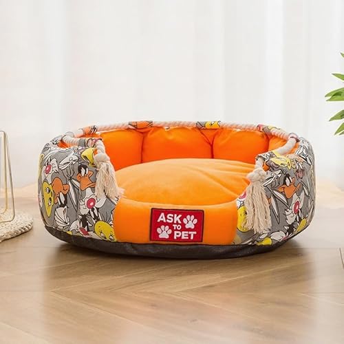 TiLLOw Universelles Haustierbett for alle Jahreszeiten, aus Plüsch und Canvas, geeignet for kleine und mittelgroße Haustiere(Orange,M) von TiLLOw