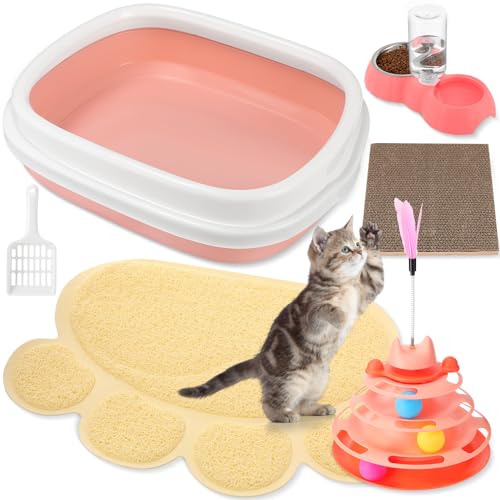 Tiangrid 5-teiliges Kätzchen-Starter-Set enthält Katzentoilette mit Schaufel, Pfotentoilette, Kratzmatte, automatischer Katzennapf, interaktives Drehteller, Kätzchen-Spielzeug zur Stimulierung der von Tiangrid