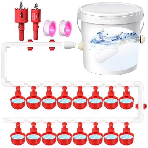 Tiangrid Komplettes Set Pipeline Automatische Hühnernippel Bewässerungsbecher, 1,27 cm PVC-T-Armaturen und andere Teile Huhn Bewässerungssystem Set für Huhn Truthahn Ente Geflügel Taube Wachteln von Tiangrid