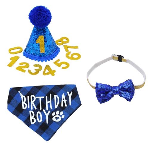 Tiardey Hunde-Partyhut mit Fliege, Halsband und Goldener Zahl, wiederverwendbar, Haustier-Geburtstags-Bandana-Hut, Fliege-Set für Haustier-Geburtstagsparty-Dekorationen (blau) von Tiardey