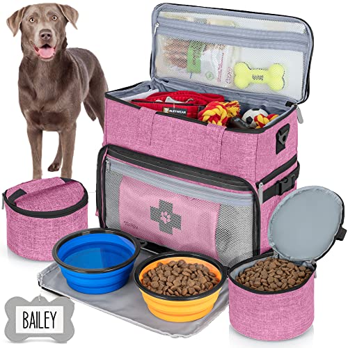 Hunde-Reisetasche, Fluggesellschaften zugelassen für Hunde und Katzen, Organizer mit multifunktionalen Taschen, 2 Futterbehälter und faltbaren Näpfen, Wochenend-Auswärtstasche für Reisezubehör (Rosa) von Tidify