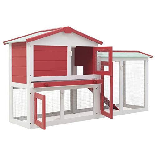 Tidyard Großer Kaninchenstall Kaninchenhaus Tannenholz Rahmen und Bitumendach Kaninchenkäfig für Kaninchen Meerschweinchen Klein Haustier Rot und Weiß 145 x 45 x 85 cm Holz von Tidyard