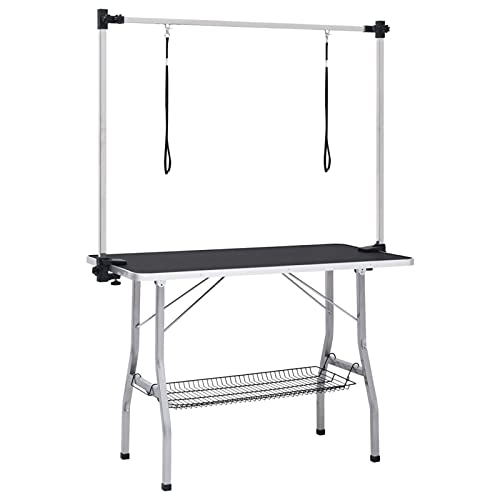 Tidyard Tierpflegetisch mit 2 Schlingen Trimmtisch Pflegetisch höhenverstellbar klappbar mit Unterkorb für Hunde Metall Schwarz und Silbern 110 x 60 x 76 cm von Tidyard