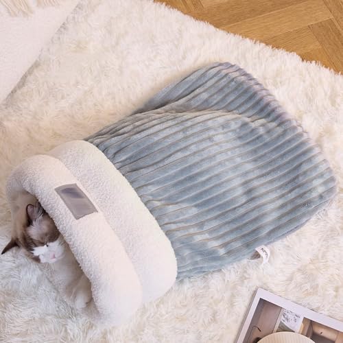 Tielag Katzenschlafsack, Cat Winter Sleeping Bag, Katzen Schlafsack Warm, Hundeschlafsack, Haustierhöhlenbett, 44 x 37 cm Katzenbett für kleine Katzen Hunde Bis Zu 3 Kg, Graublau, M von Tielag