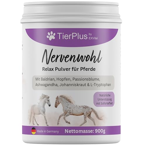 TierPlus Nervenwohl Relax Pulver für Pferde, mit Mit Baldrian, Hopfen, Leinöl, Passionsblume, Ashwagandha, Johanniskraut & L-Tryptophan, 900g Dose, hochdosiert & mit Soforteffekt! von TierPlus