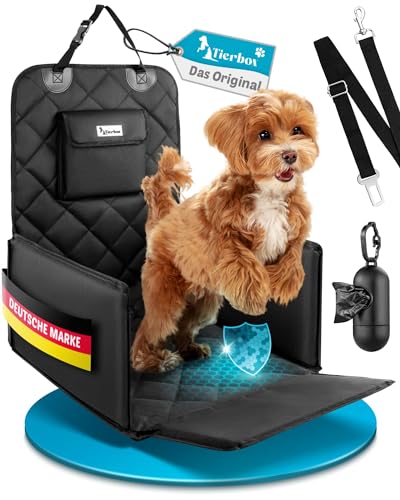 TIERBOX Deluxe Hunde-Autositz Set – inkl. Sicherheitsgurt, Leinenclip, 20 Kotbeutel + Spender – Ideal für kleine & mittelgroße Hunde – Komfortable Transportbox, Auto-Zubehör (Schwarz) von Tierbox