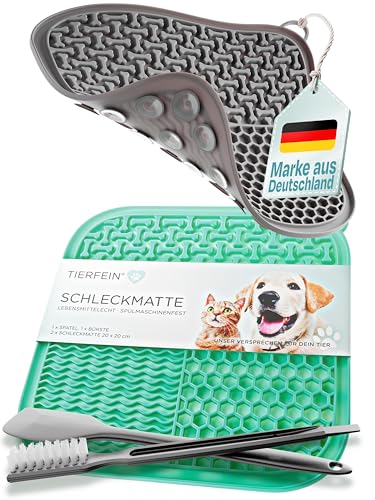 TIERFEIN - Schleckmatte Hund - Leckmatte Hund - Hunde Schleckmatte mit Spatel und Bürste - Schleckmatte Hund mit Saugnäpfen - 2 Stück (20x20 cm) von Tierfein