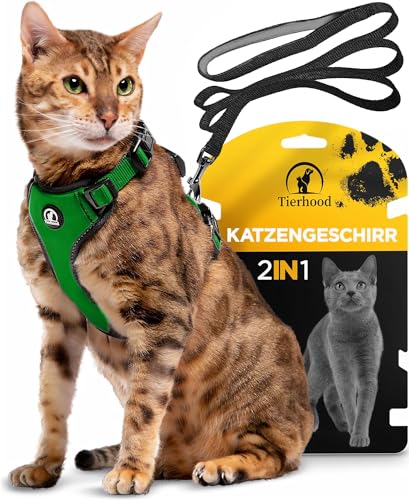Tierhood- Katzengeschirr Set mit Leine für kontrollierte Freiheit - Komfortabel, Einstellbar & Robust - Geschirr für aktive Katzen (Grün, Größe S) von Tierhood