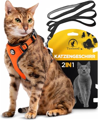 Tierhood Katzengeschirr mit Leine [Neue, LEICHTE Version] - Katzenleine mit Geschirr für Katzen und Kitten - Katzen Geschirr Set mit Leine - Kontrollierte Freiheit - Orange, Größe S von Tierhood