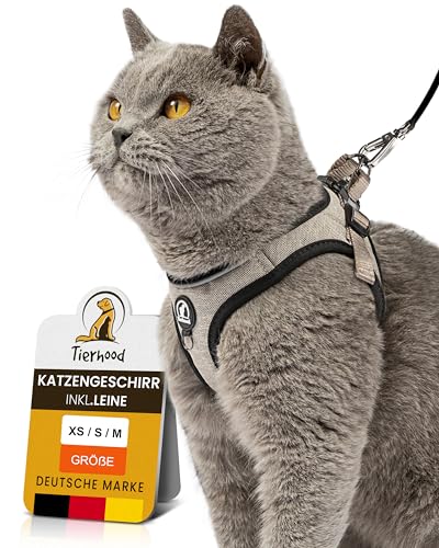 Tierhood - Katzengeschirr Set mit Leine für kontrollierte Freiheit - Softgeschirr - Komfortabel, Einstellbar & Robust - Geschirr für aktive Katzen (Grau, Größe M) von Tierhood