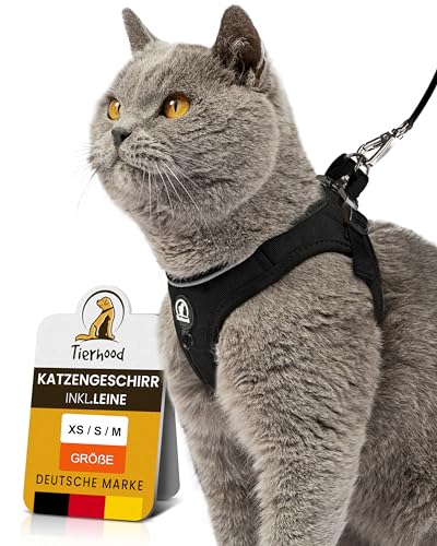 Tierhood - Katzengeschirr Set mit Leine für kontrollierte Freiheit - Softgeschirr - Komfortabel, Einstellbar & Robust - Geschirr für aktive Katzen (Schwarz, Größe M) von Tierhood