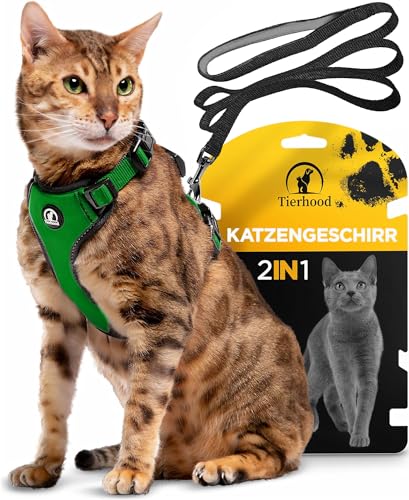 Tierhood Katzengeschirr mit Leine [Neue, LEICHTE Version] - Katzenleine mit Geschirr für Katzen und Kitten - Katzen Geschirr Set mit Leine - Kontrollierte Freiheit - Grün, Größe M von Tierhood