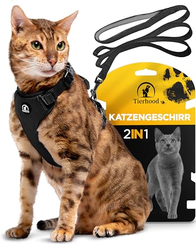 Tierhood Katzengeschirr mit Leine [Neue, LEICHTE Version] - Katzenleine mit Geschirr für Katzen und Kitten - Katzen Geschirr Set mit Leine - Kontrollierte Freiheit - Schwarz, Größe M von Tierhood