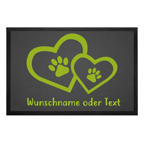 Fußmatte für Hundebesitzer „Herz und Pfote“ mit Namen | personalisiert | rutschfest | Waschbar (Graue Leinenoptik mit grüner Schrift) von Tierisch-tolle Geschenke