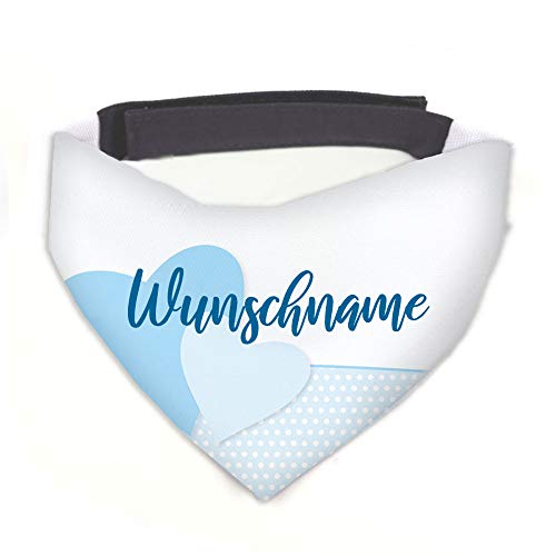 Hundehalstuch Herz blau / weiß personalisiert inklusive Wunschname mit 12 cm Klettverschluss für kleine, mittlere und große Hunde, Hunde-Halstuch / Dreieckstuch (S = Halsumfang 31-38 cm) von Tierisch-tolle Geschenke