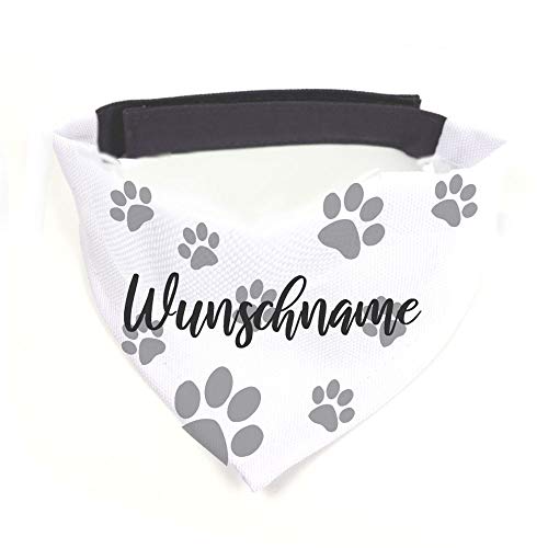 Hundehalstuch Pfote grau / weiß personalisiert inklusive Wunschname z.B. Name Ihres Hundes mit 12 cm Klettverschluss für kleine, mittlere und große Hunde (L = Halsumfang 45-60 cm) von Tierisch-tolle Geschenke