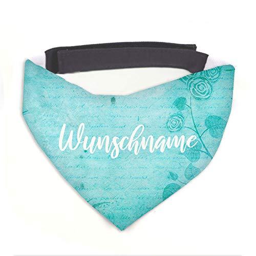 Hundehalstuch Vintage2 türkis / weiß personalisiert inklusive Wunschname z.B. Name Ihres Hundes mit 12 cm Klettverschluss für kleine, mittlere und große Hunde (L = Halsumfang 45-60 cm) von Tierisch-tolle Geschenke