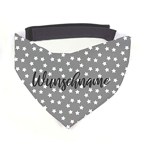 Hundehalstuch mit Namen Vintage Sterne grau personalisiert inklusive Wunschname z.B. Name Ihres Hundes mit 12 cm Klettverschluss für kleine, mittlere und große Hunde (S = Halsumfang: 32-38 cm) von Tierisch-tolle Geschenke