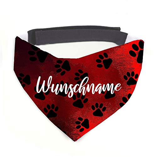 Tierisch-tolle Geschenke Hundehalstuch mit Namen Vintage Pfötchen rot personalisiert inklusive Wunschname mit 12 cm Klettverschluss für kleine, mittlere und große Hunde (L = Halsumfang: 45-60 cm) von Tierisch-tolle Geschenke