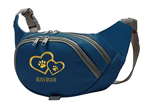 Tierisch-tolle Geschenke Hundesport Bauchtasche Leckerlie-Tasche mit 2 Herzen, 2 Pfoten und Wunschnamen personalisiert | Hundetraining | Leckerlie Beutel (Blau/Gold) von Tierisch-tolle Geschenke