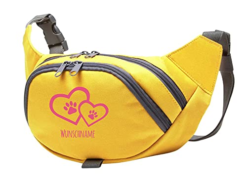 Tierisch-tolle Geschenke Hundesport Bauchtasche Leckerlie-Tasche mit 2 Herzen, 2 Pfoten und Wunschnamen personalisiert | Hundetraining | Leckerlie Beutel (Gelb/Pink) von Tierisch-tolle Geschenke