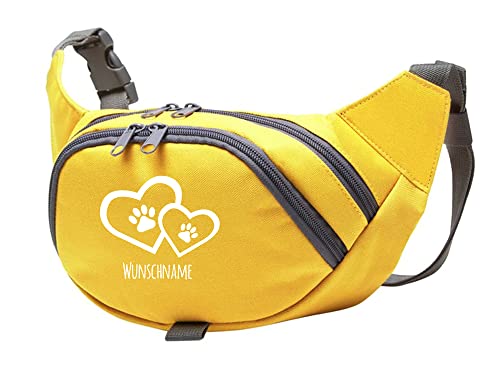 Tierisch-tolle Geschenke Hundesport Bauchtasche Leckerlie-Tasche mit 2 Herzen, 2 Pfoten und Wunschnamen personalisiert | Hundetraining | Leckerlie Beutel (Gelb/Weiß) von Tierisch-tolle Geschenke