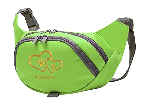 Tierisch-tolle Geschenke Hundesport Bauchtasche Leckerlie-Tasche mit 2 Herzen, 2 Pfoten und Wunschnamen personalisiert | Hundetraining | Leckerlie Beutel (Grün/Gold) von Tierisch-tolle Geschenke