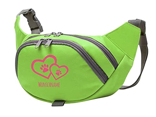 Tierisch-tolle Geschenke Hundesport Bauchtasche Leckerlie-Tasche mit 2 Herzen, 2 Pfoten und Wunschnamen personalisiert | Hundetraining | Leckerlie Beutel (Grün/Pink) von Tierisch-tolle Geschenke