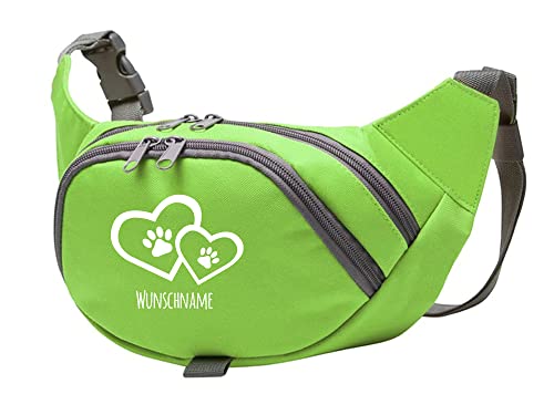 Tierisch-tolle Geschenke Hundesport Bauchtasche Leckerlie-Tasche mit 2 Herzen, 2 Pfoten und Wunschnamen personalisiert | Hundetraining | Leckerlie Beutel (Grün/Weiß) von Tierisch-tolle Geschenke