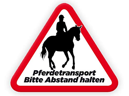 Tierisch werben Pferdetransport - Bitte Abstand halten! (30x25 cm) Schild o. Aufkleber für Pferdeanhänger in konturgeschnittener Dreiecksform Motiv: Reiter (Aufkleber) von Tierisch werben