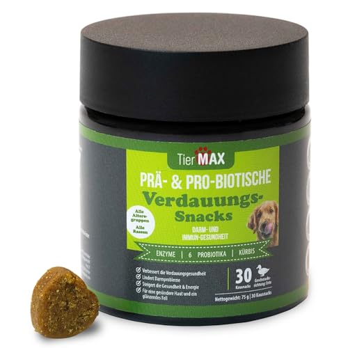 Tiermax Prä & Probiotische Verdauungs Hunde Leckerlis – 30 weiche Hundeleckerlies – Verdauung & Darmflora – Premium Qualität & Natürlich – Hunde Probiotika mit hoher Wirksamkeit von Tiermax