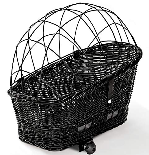 Tigana - Hundefahrradkorb für Gepäckträger aus Weide 56 x 36 cm Schwarz mit Metallgitter Tierkorb Hinterradkorb Hundekorb für Fahrrad (S-S) (XL mit Kissen) von Tigana