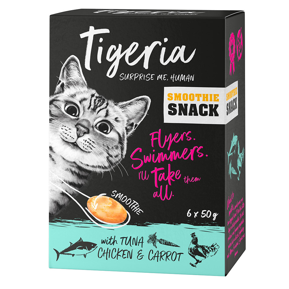 6 x 50 g Tigeria Smoothie Snack zum Probierpreis! - mit Thunfisch, Hühnchen und Karotte von Tigeria