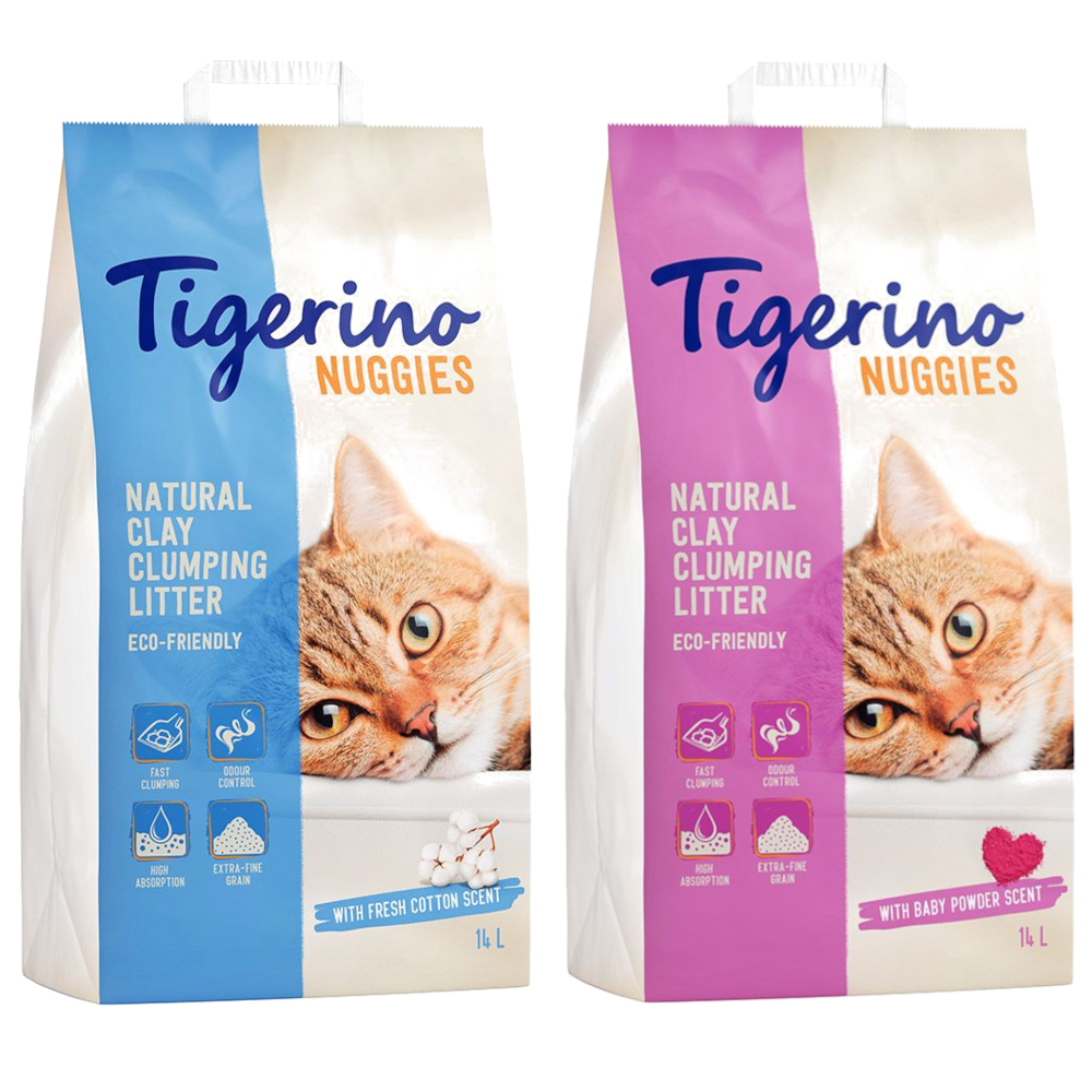 2 x 14 l Tigerino Nuggies Katzenstreu zum Sonderpreis! - Ultra Mixpaket: Babypuderduft + Baumwollblütenduft von Tigerino