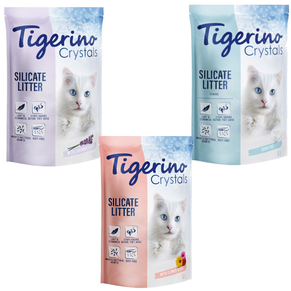 3 x 5 l Tigerino Crystals Katzenstreu zum Sonderpreis! - Mixpaket (Classic, Lavender und Flower-Power) von Tigerino