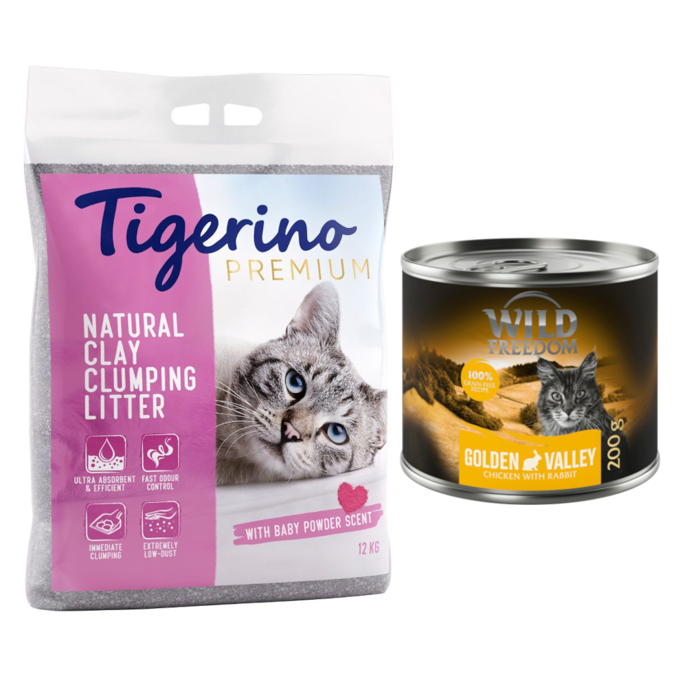 Kombi-Paket: Tigerino Premium Katzenstreu 2 x 12 kg + Wild Freedom Trocken- & Nassfutter - Babypuderduft + Golden Valley - Kaninchen & Huhn - 200 g Nassfutter Kombi-Paket: Tigerino Premium Katzenstreu 2 x 12 kg + Wild Freedom Trocken- & Nassfutter - Babypuderduft + Golden Valley - Kaninchen & Huhn - 200 g Nassfutter von Tigerino