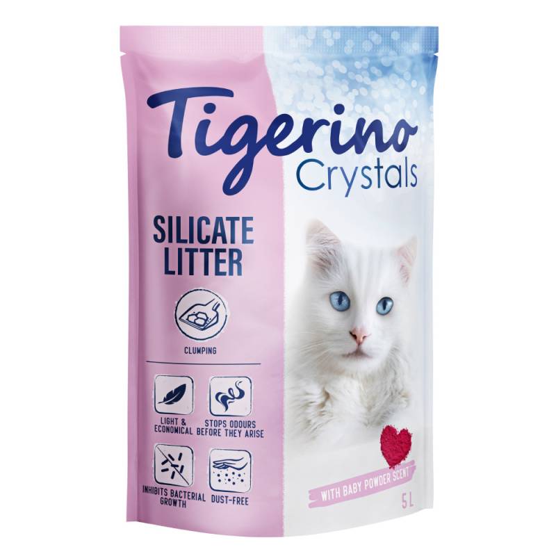 Sparpaket Tigerino Crystals Katzenstreu 6 x 5 l - Babypuderduft klumpend von Tigerino