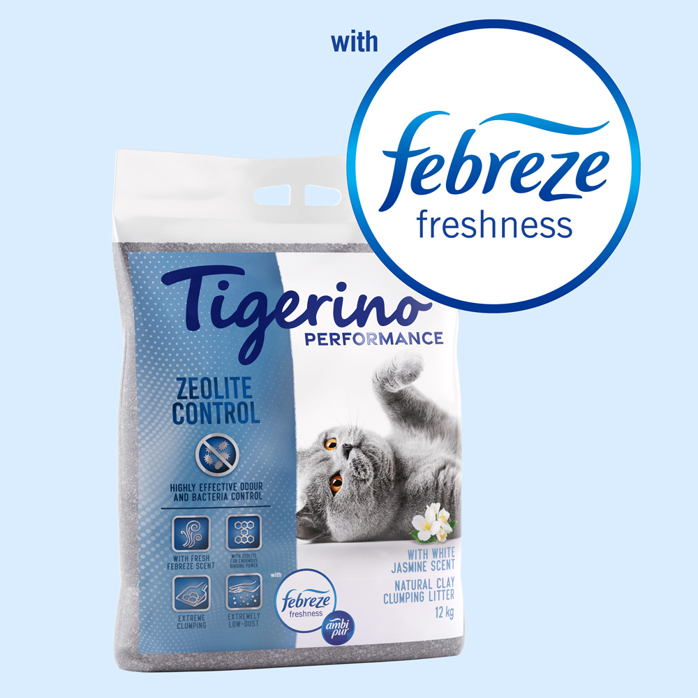 Sparpakete Tigerino Performance Katzenstreu zum Sonderpreis! - Zeolite Control mit Febreze-Jasminblütenduft (2 x 12 kg) von Tigerino