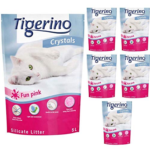 Tigerino Crystals Fun Katzenstreu aus Silikon, feine Körnung, 30 l, antibakteriell, hypoallergen und hygienisch, mit Geruchskontrolle, Pink von TIGERINO