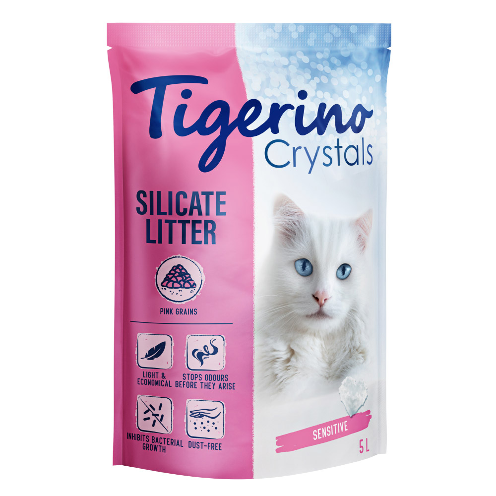 Tigerino Crystals bunte Katzenstreu - Sensitive, parfümfrei - Sparpaket pink 3 x 5 l von Tigerino