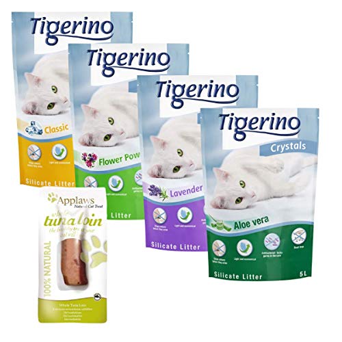 Tigerino Crystals Katzenstreu gemischt Probepackung 6 x 5 Liter stoppt Gerüche in Sekundenschnelle antibakteriell kompostierbar und umweltfreundlich + Applaws Katzen-Thunfischleine von Tigerino