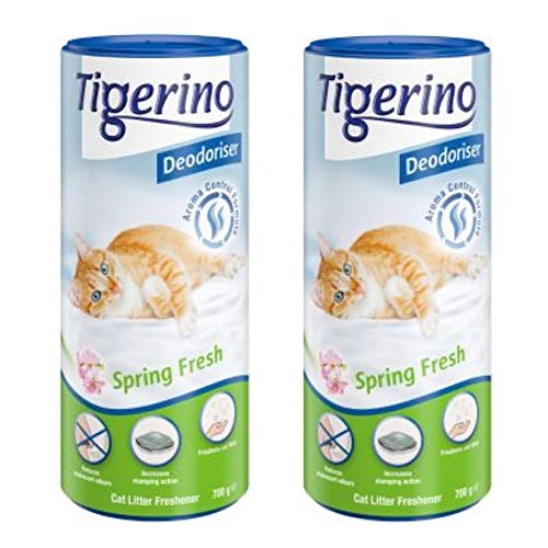 Tigerino Deodorizer, Spring Fresh – 2 x 700 g Mix aus grünem Gras, Veilchen, Maiglöckchen, Pfingstrose und Iris, mit einem Spritzer Limette und einem Hauch von MoschusDeodorierer mit feinem Granulat von Tigerino