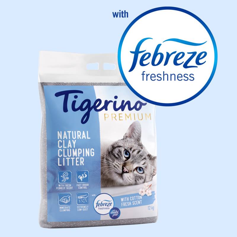 Tigerino Premium Katzenstreu - Febreze Frischer Baumwollblütenduft - 12 kg von Tigerino