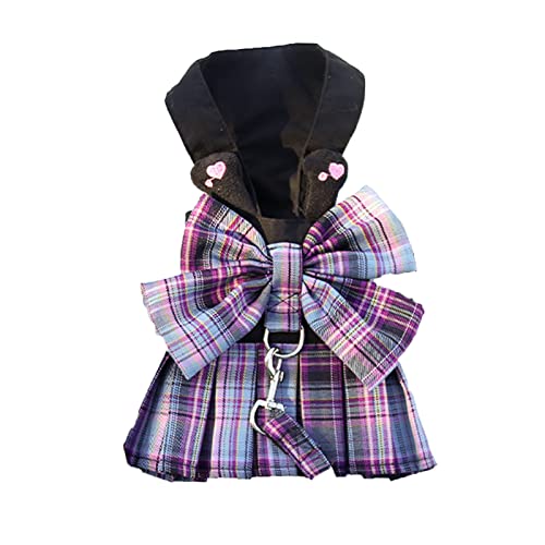 Tikwek Hundekleidung für kleine Hunde und Mädchen, kariertes Hundekleid, Fliege, Geschirr-Set, Welpen, niedliche Schleife, Haustier-Outfits mit Leinenring, XS M Haustierrock (Lila01, L) von Tikwek