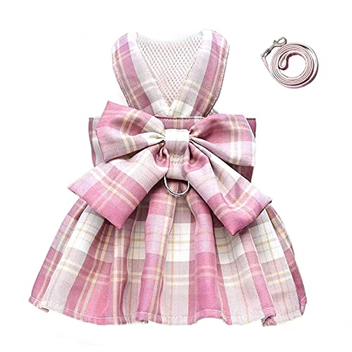 Tikwek Hundekleidung für kleine Hunde und Mädchen, kariertes Hundekleid, Fliege, Geschirr-Set, Welpen, niedliche Schleife, Haustier-Outfits mit Leinenring, XS M Haustierrock (Rosa, L) von Tikwek