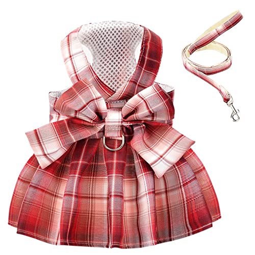 Tikwek Hundekleidung für kleine Hunde und Mädchen, kariertes Hundekleid, Fliege, Geschirr-Set, Welpen, niedliche Schleife, Haustier-Outfits mit Leinenring, XS M Haustierrock (rot, XL) von Tikwek