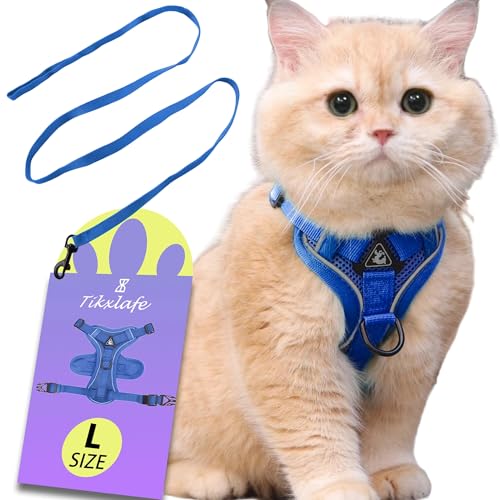 Tikxlafe Katzengeschirr mit Leine, 150 cm, Katzenleine mit Geschirr, Polyester, verstellbares Katzenleinen-Set, ausbruchsicher für Kätzchen (Blau, L) von Tikxlafe