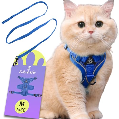 Tikxlafe Katzengeschirr mit Leine, 150 cm, Katzenleine mit Geschirr, Polyester, verstellbares Katzenleinen-Set, ausbruchsicher für Kätzchen (Blau, M) von Tikxlafe