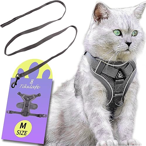 Tikxlafe Katzengeschirr mit Leine, 150 cm, Katzenleine mit Geschirr, Polyester, verstellbares Katzenleinen-Set, ausbruchsicher für Kätzchen (Grau, M) von Tikxlafe