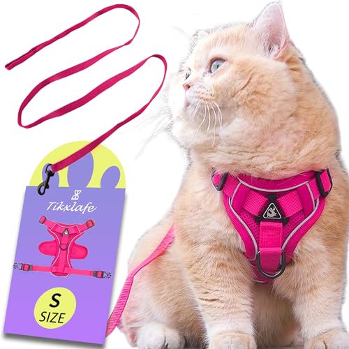 Tikxlafe Katzengeschirr mit Leine, 150 cm, Katzenleine mit Geschirr, Polyester, verstellbares Katzenleinen-Set, ausbruchsicher für Kätzchen (Rosa, S) von Tikxlafe